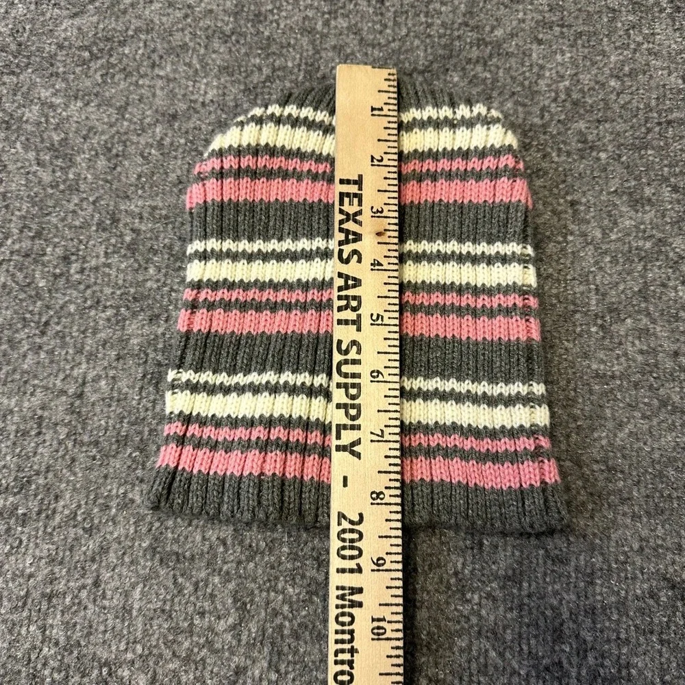 Gold Beanie Womens Size OS Gray Pink Striped Ribbed Knit Winter Hat Casual